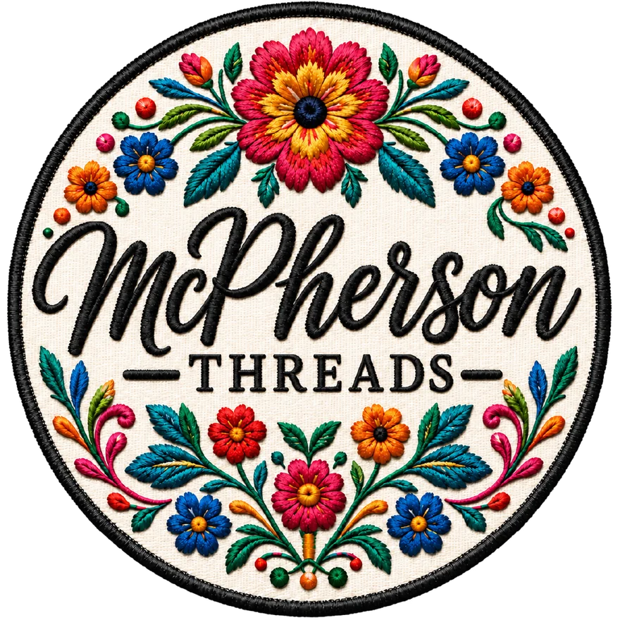 McPherson Threads logo: a round embroidered patch with bright flowers