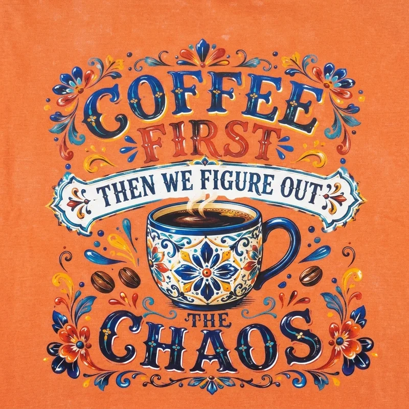 Orange tee with a colorful tile-style print reading Coffee First, Then We Figure Out the Chaos