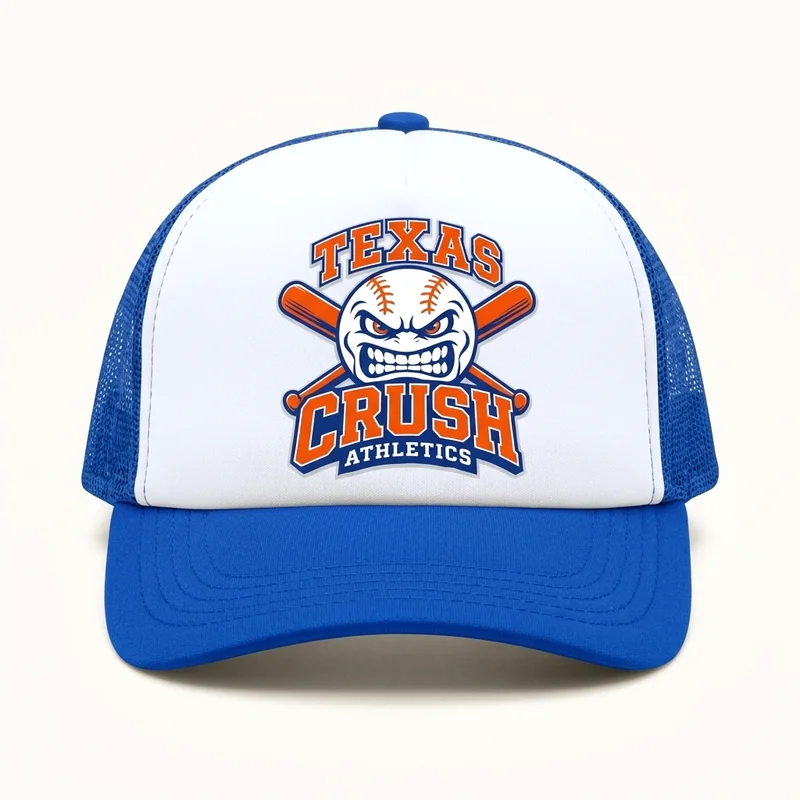 Blue and white trucker hat with the Texas Crush logo